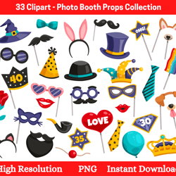 photo booth props clipart, party masks, ties, hats (svg, jpg, png)