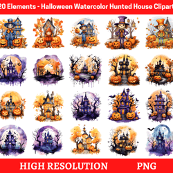 watercolor haunted house clipart | halloween hunted house | spooky house | watercolor halloween clipart | scary house |