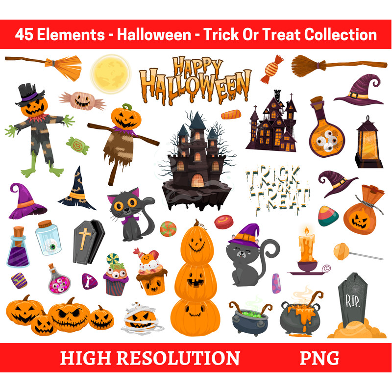 Halloween Clipart Trick Or Treat Black Cat Ghost Pumpkin Haunted House Happy Halloween Clipart 0