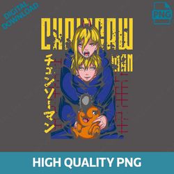 chainsaw man anime png, japanese manga series t-shirt design, manga action artwork for printing, chainsaw man png