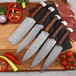 custom 5-piece chef knife set with leather roll | handcrafted kitchen knives gift for chefs, bbq lovers, weddings gift