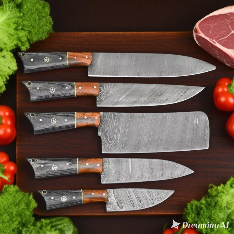 Damascus Chef Knife Set 5 PCS  Handmade Kitchen Knives Gift For Her Custom Gift For Chefs BBQ Knive 0