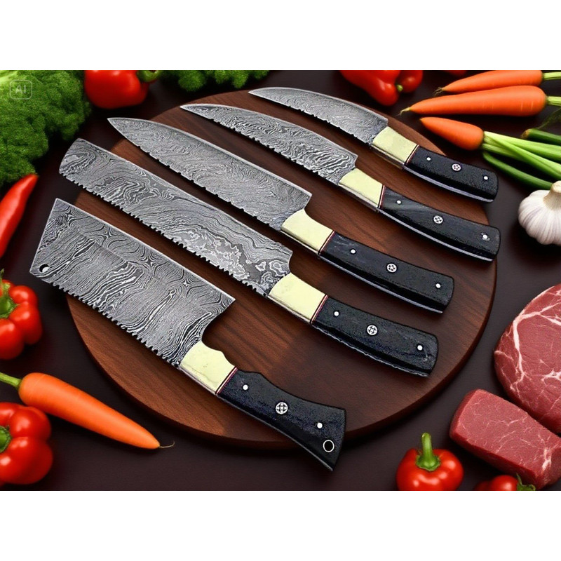 Custom 5Piece Damascus Chef Knife Set  HandForged Kitchen Knives With Leather Roll  Personalized Gi 0