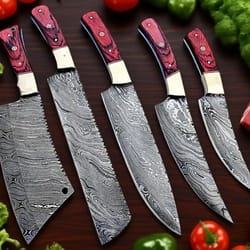 5-Pieces Damascus Chef Knife Set – Custom Handcrafted Kitchen Knives with Leather Roll | Perfect Gift for Chefs, BBQ