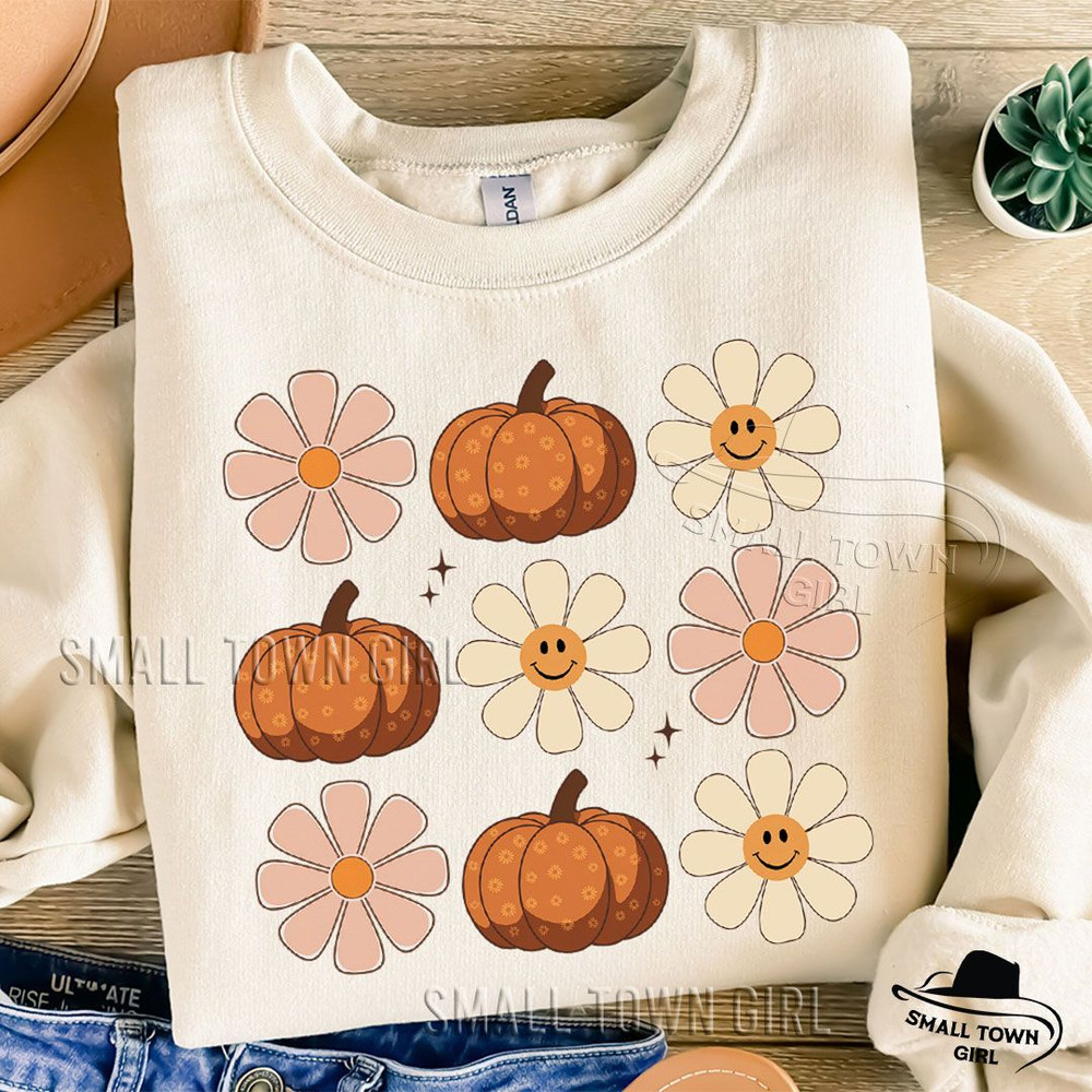 Boho Daisy Flowers Pumpkins Png Fall Png Boho Flowers And Pumpkins Halloween Png Retro Halloween Vi 0