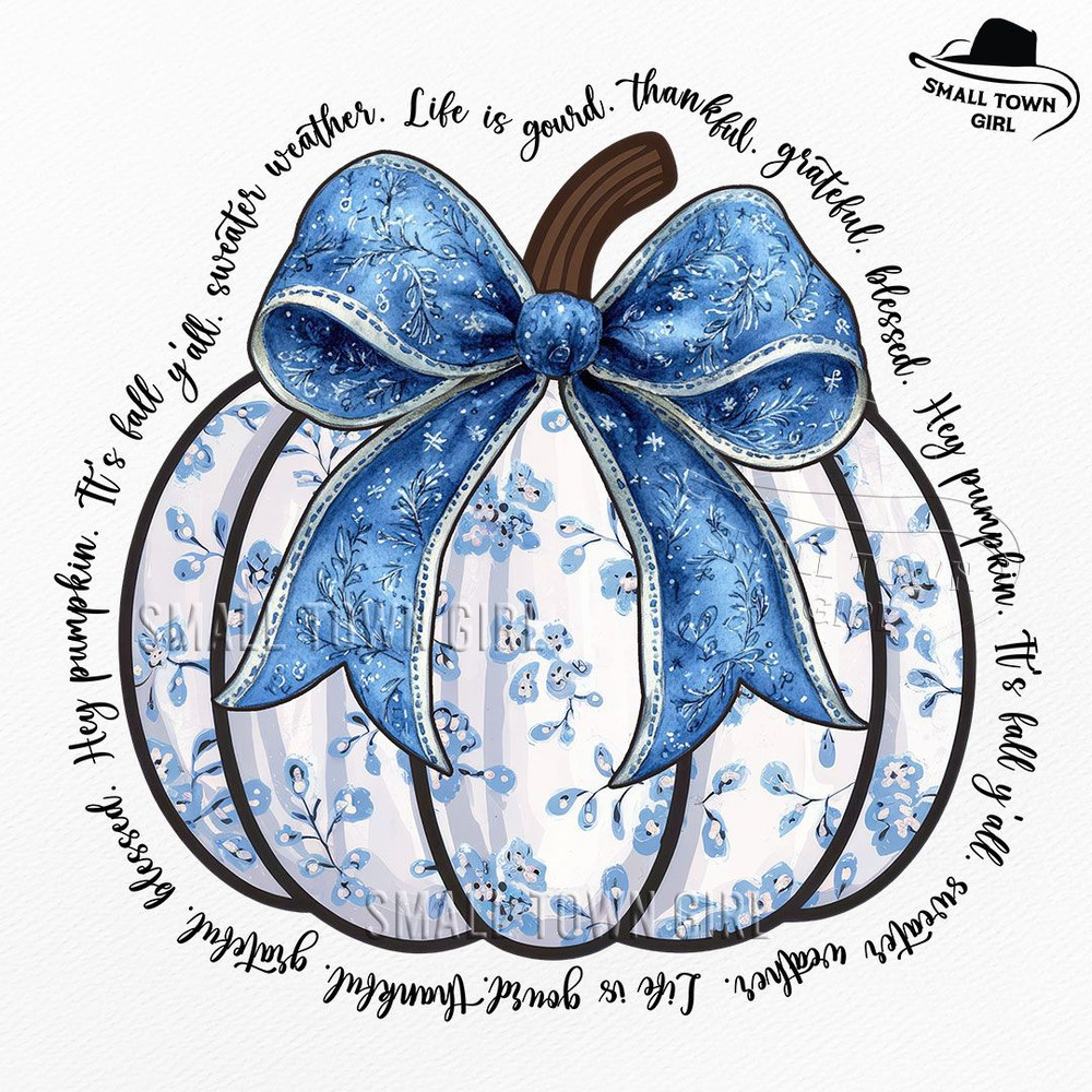 Blue Floral Pumpkin Coquette Bow Fall Png Thankful Grateful Blessed Png Blue Floral Pumpkin Png Boh 0