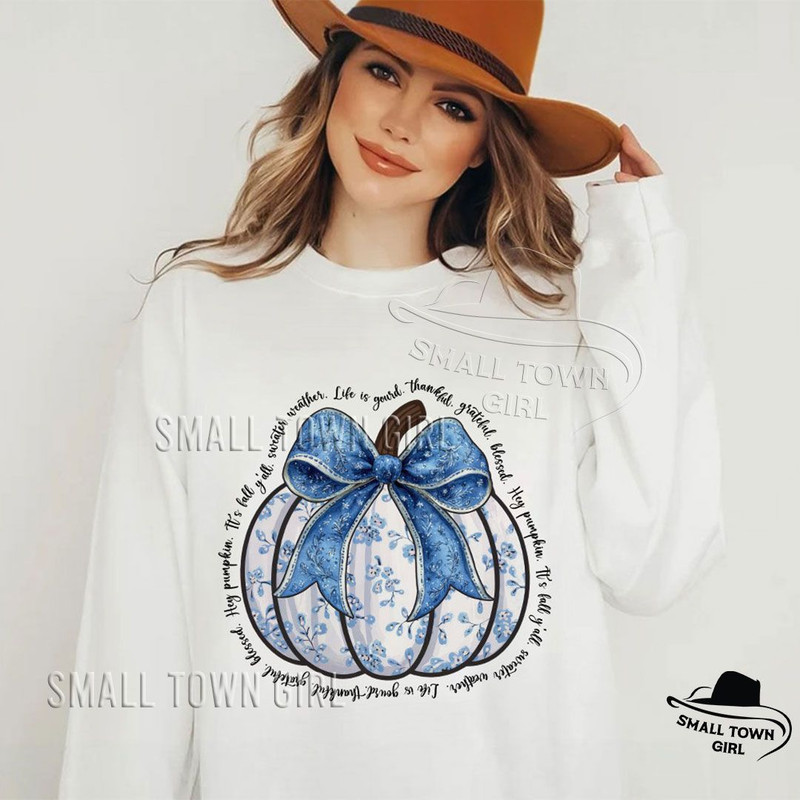 Blue Floral Pumpkin Coquette Bow Fall Png Thankful Grateful Blessed Png Blue Floral Pumpkin Png Boh 3