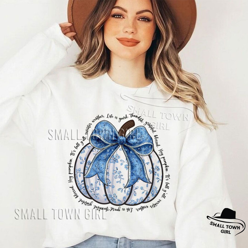Blue Floral Pumpkin Coquette Bow Fall Png Thankful Grateful Blessed Png Blue Floral Pumpkin Png Boh 4