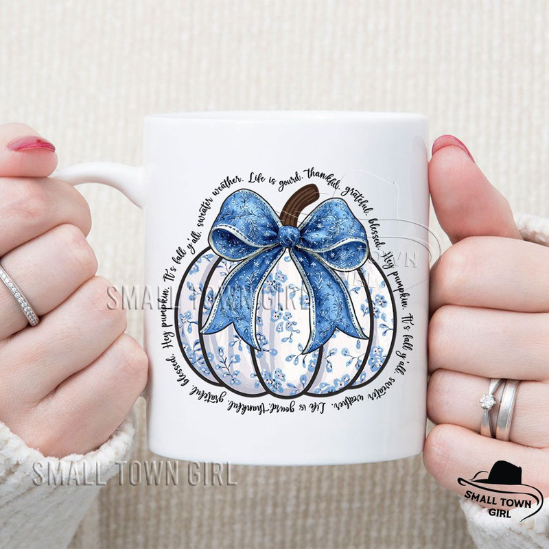 Blue Floral Pumpkin Coquette Bow Fall Png Thankful Grateful Blessed Png Blue Floral Pumpkin Png Boh 5