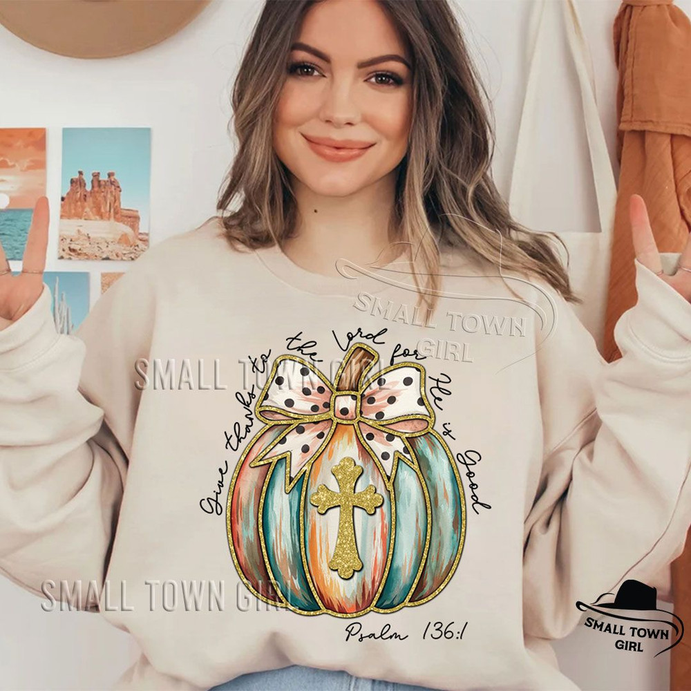 Coquette Fall Bow Pumpkin Faith Cross Png Give Thanks To The Lord For He Is Good Png Coquette Pumpk 4