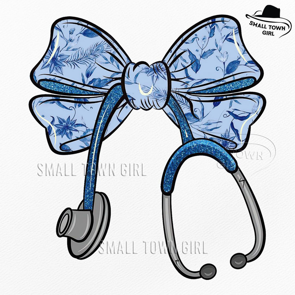 Blue Toile Floral Nurse Bow Stethoscope Png Nurse Coquette Png Nurse Bow Stethoscope Png Nurse Bow  0