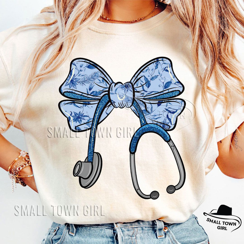 Blue Toile Floral Nurse Bow Stethoscope Png Nurse Coquette Png Nurse Bow Stethoscope Png Nurse Bow  2