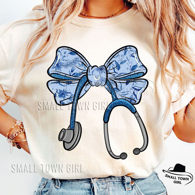 Blue Toile Floral Nurse Bow Stethoscope Png Nurse Coquette Png Nurse Bow Stethoscope Png Nurse Bow  2