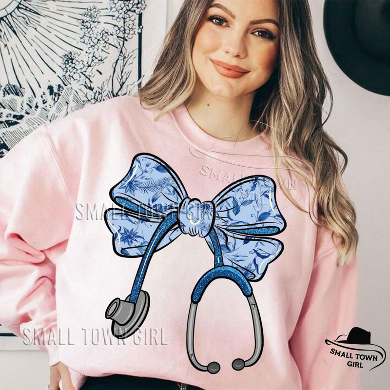 Blue Toile Floral Nurse Bow Stethoscope Png Nurse Coquette Png Nurse Bow Stethoscope Png Nurse Bow  4