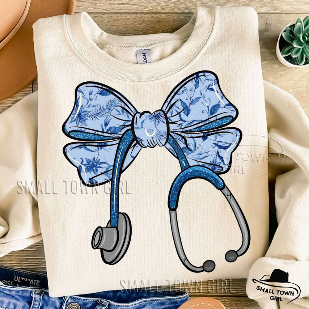 Blue Toile Floral Nurse Bow Stethoscope Png Nurse Coquette Png Nurse Bow Stethoscope Png Nurse Bow  1
