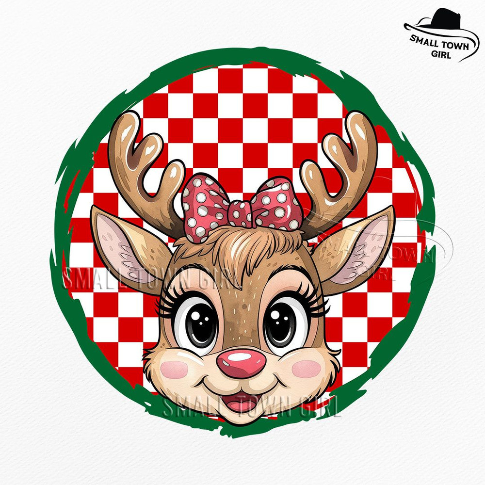 Reindeer Girl Kid Checkered Christmas Png Sublimation Christmas Designs Kids Reindeer With Bow Png  0