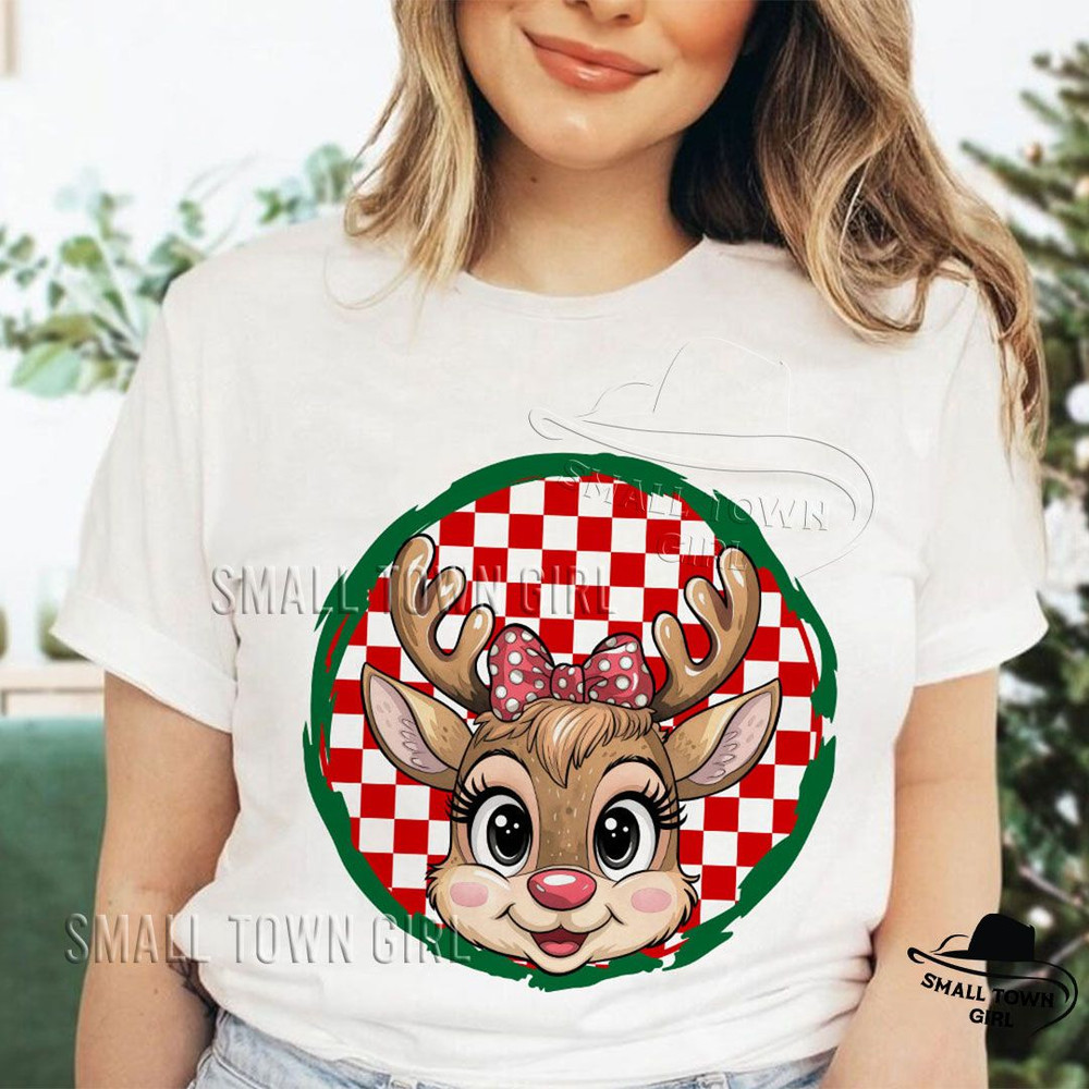 Reindeer Girl Kid Checkered Christmas Png Sublimation Christmas Designs Kids Reindeer With Bow Png  4