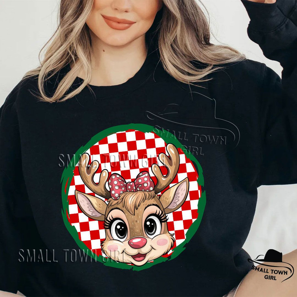 Reindeer Girl Kid Checkered Christmas Png Sublimation Christmas Designs Kids Reindeer With Bow Png  5