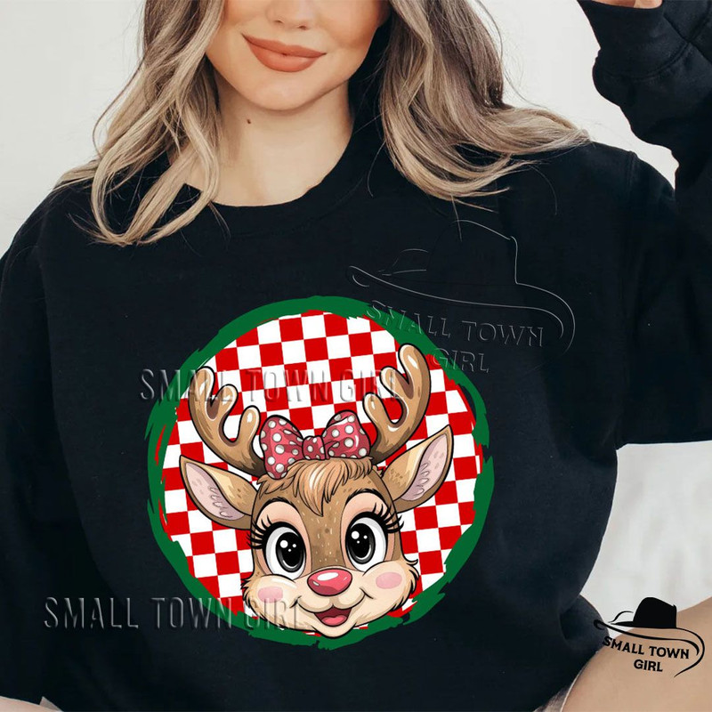Reindeer Girl Kid Checkered Christmas Png Sublimation Christmas Designs Kids Reindeer With Bow Png  5
