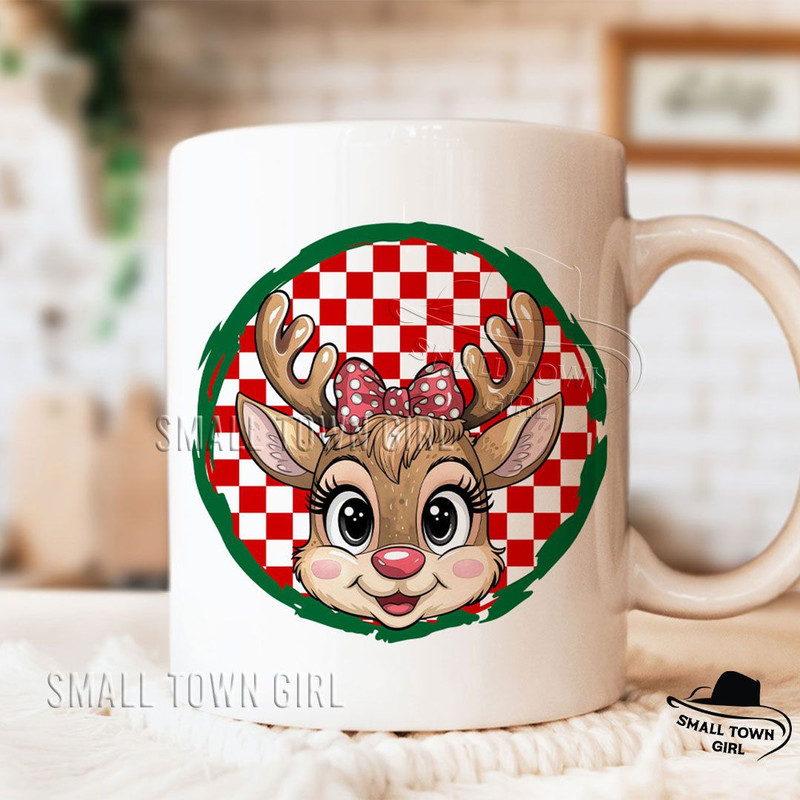 Reindeer Girl Kid Checkered Christmas Png Sublimation Christmas Designs Kids Reindeer With Bow Png  7
