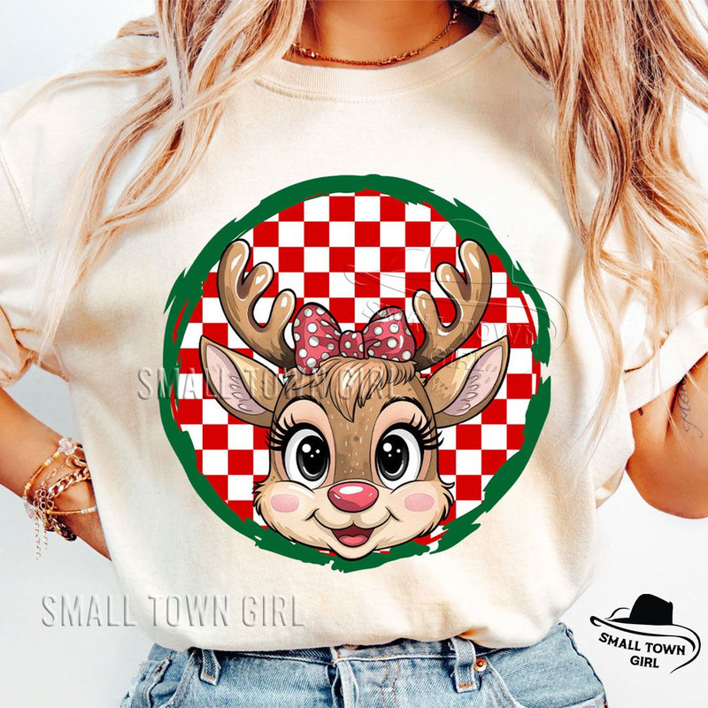Reindeer Girl Kid Checkered Christmas Png Sublimation Christmas Designs Kids Reindeer With Bow Png  6