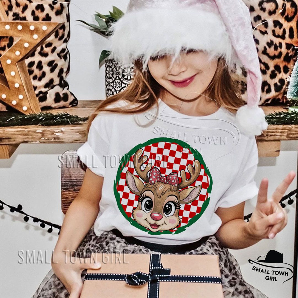 Reindeer Girl Kid Checkered Christmas Png Sublimation Christmas Designs Kids Reindeer With Bow Png  1