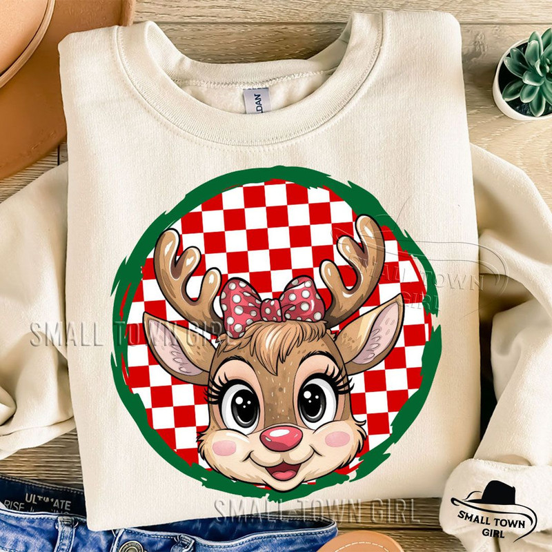 Reindeer Girl Kid Checkered Christmas Png Sublimation Christmas Designs Kids Reindeer With Bow Png  2