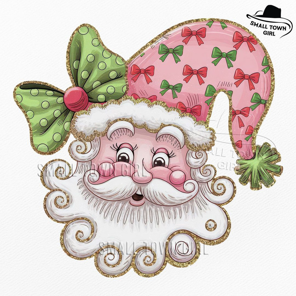Pink Christmas Retro Glitter Santa Bow Png Glitter Santa Png Santa Bow Png Coquette Christmas Png G 0
