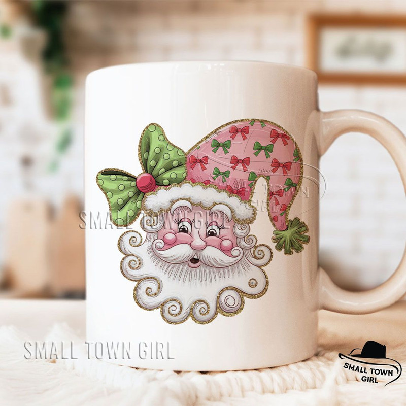 Pink Christmas Retro Glitter Santa Bow Png Glitter Santa Png Santa Bow Png Coquette Christmas Png G 7