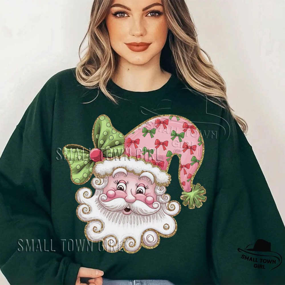 Pink Christmas Retro Glitter Santa Bow Png Glitter Santa Png Santa Bow Png Coquette Christmas Png G 2