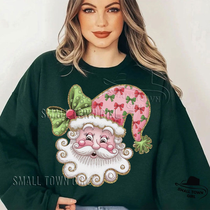 Pink Christmas Retro Glitter Santa Bow Png Glitter Santa Png Santa Bow Png Coquette Christmas Png G 2