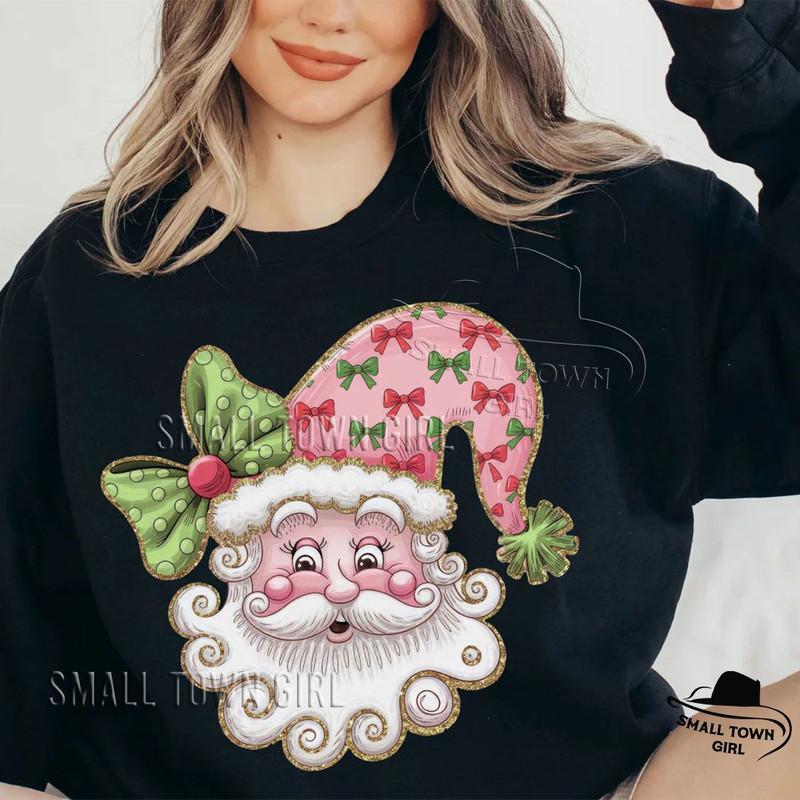 Pink Christmas Retro Glitter Santa Bow Png Glitter Santa Png Santa Bow Png Coquette Christmas Png G 3