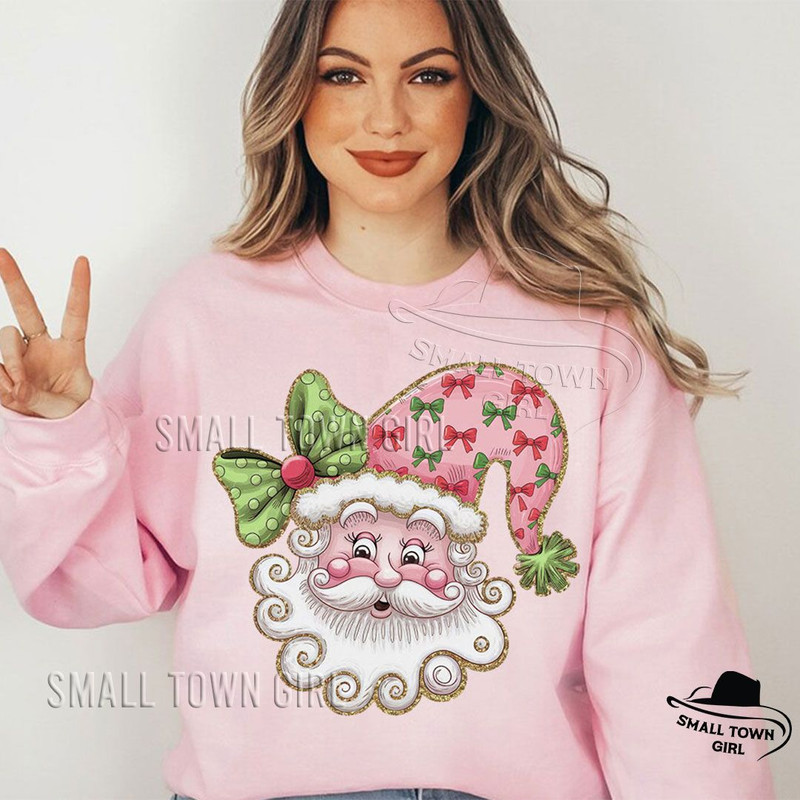 Pink Christmas Retro Glitter Santa Bow Png Glitter Santa Png Santa Bow Png Coquette Christmas Png G 4