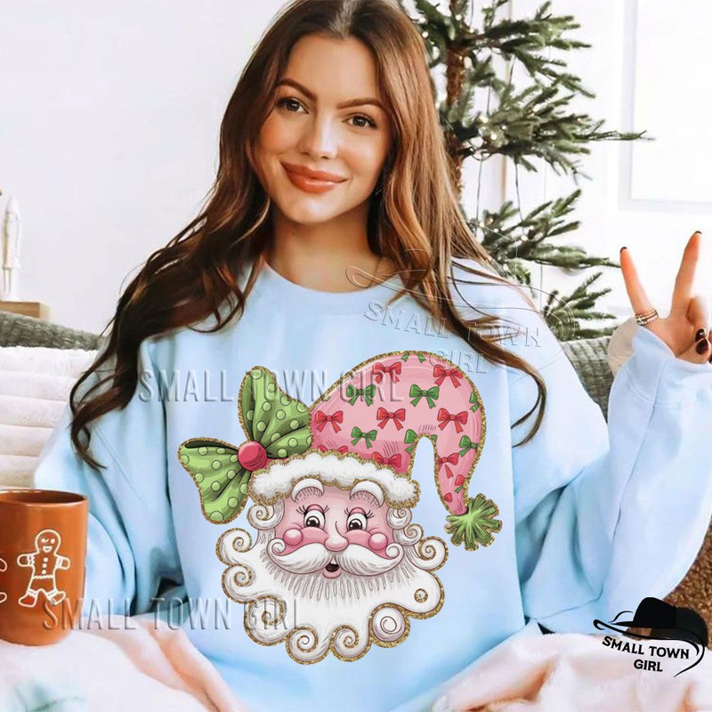 Pink Christmas Retro Glitter Santa Bow Png Glitter Santa Png Santa Bow Png Coquette Christmas Png G 5