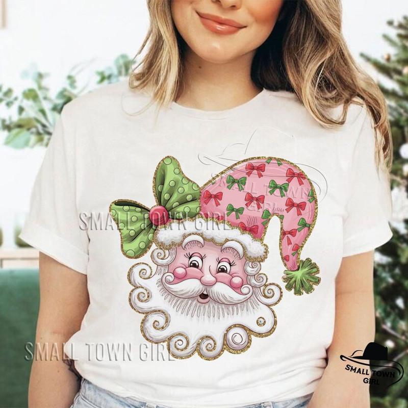 Pink Christmas Retro Glitter Santa Bow Png Glitter Santa Png Santa Bow Png Coquette Christmas Png G 6