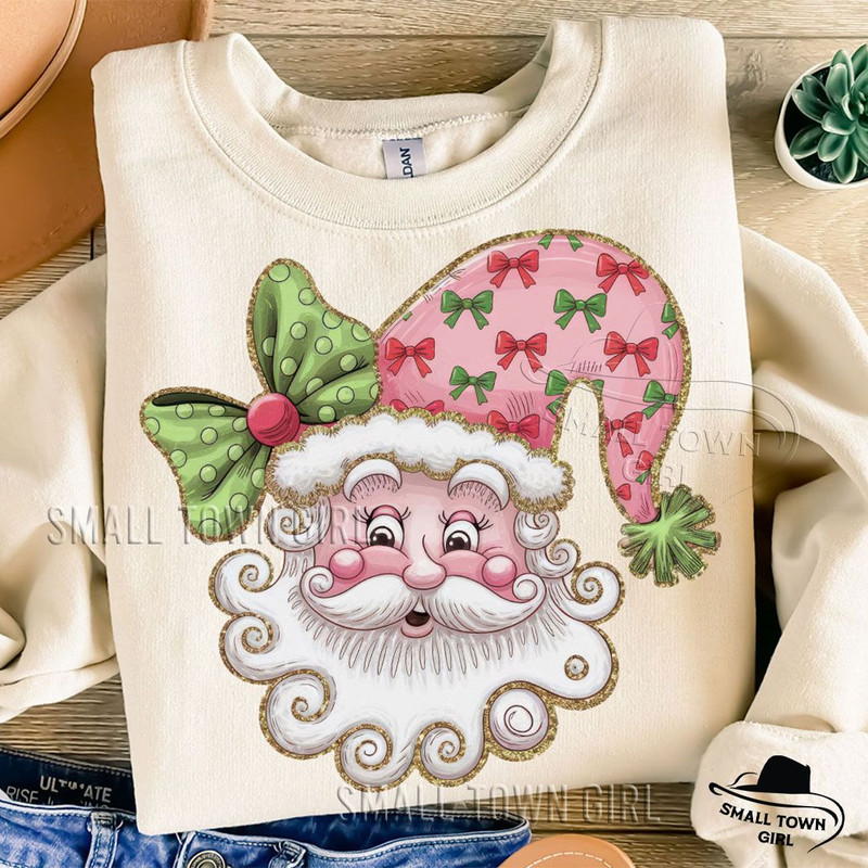 Pink Christmas Retro Glitter Santa Bow Png Glitter Santa Png Santa Bow Png Coquette Christmas Png G 1