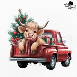 christmas highland cow on vintage truck png, christmas highland cow png, vintage red christmas tree truck clipart