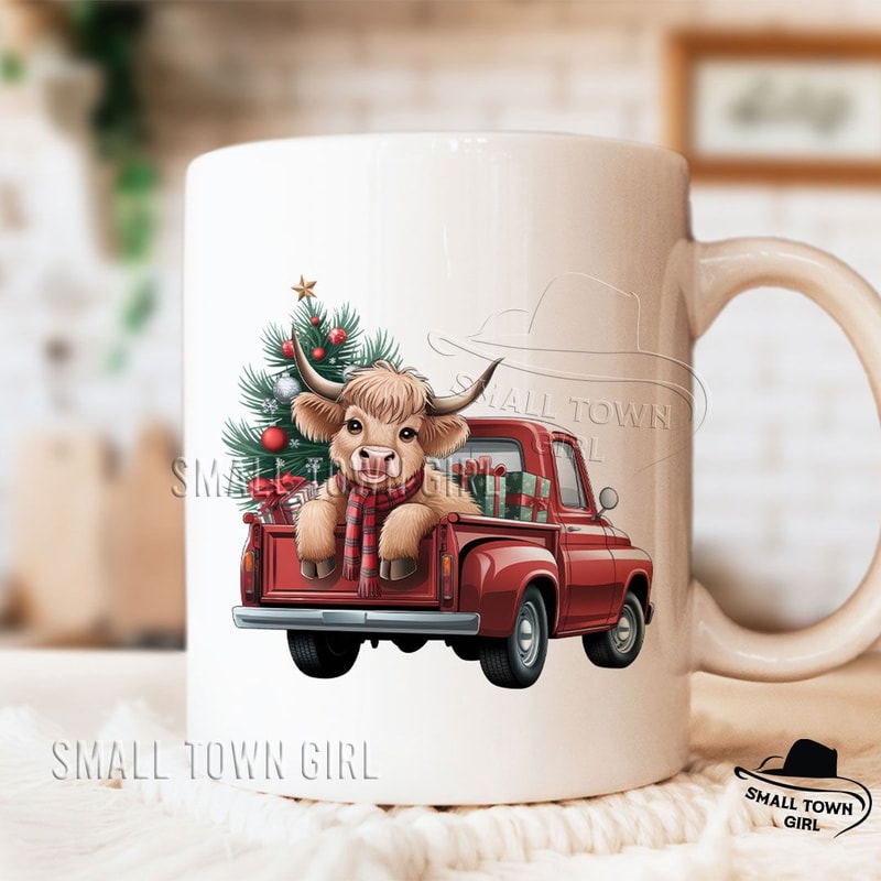 Christmas Highland Cow On Vintage Truck Png Christmas Highland Cow Png Vintage Red Christmas Tree T 2