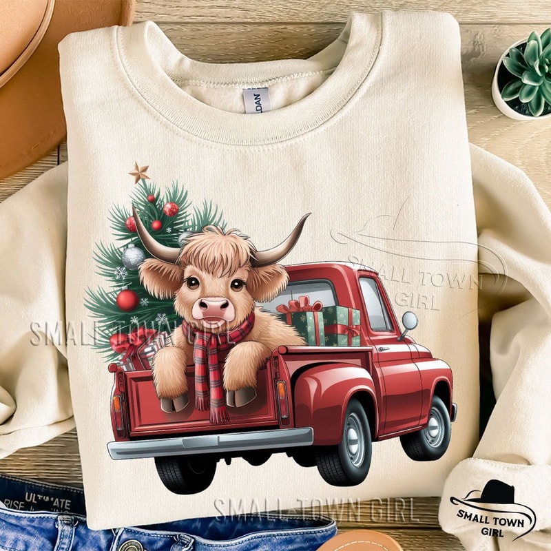 Christmas Highland Cow On Vintage Truck Png Christmas Highland Cow Png Vintage Red Christmas Tree T 1