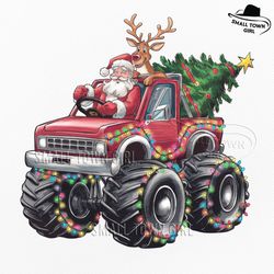 christmas santa monster truck reindeer png, christmas png for little boys, monster truck christmas dtf, christmas lights