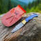 Handmade Damascus Folding Pocket Knife  Twist Pattern Steel Blade With Leather Sheath  Wood Handle 0