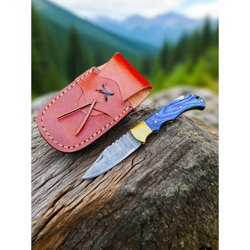 Handmade Damascus Folding Pocket Knife  Twist Pattern Steel Blade With Leather Sheath  Wood Handle 0