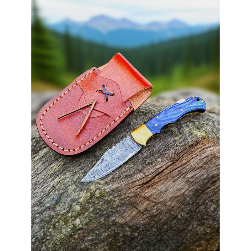 Handmade Damascus Folding Pocket Knife  Twist Pattern Steel Blade With Leather Sheath  Wood Handle 1