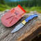 Handmade Damascus Folding Pocket Knife  Twist Pattern Steel Blade With Leather Sheath  Wood Handle 2