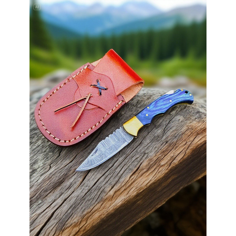 Handmade Damascus Folding Pocket Knife  Twist Pattern Steel Blade With Leather Sheath  Wood Handle 2