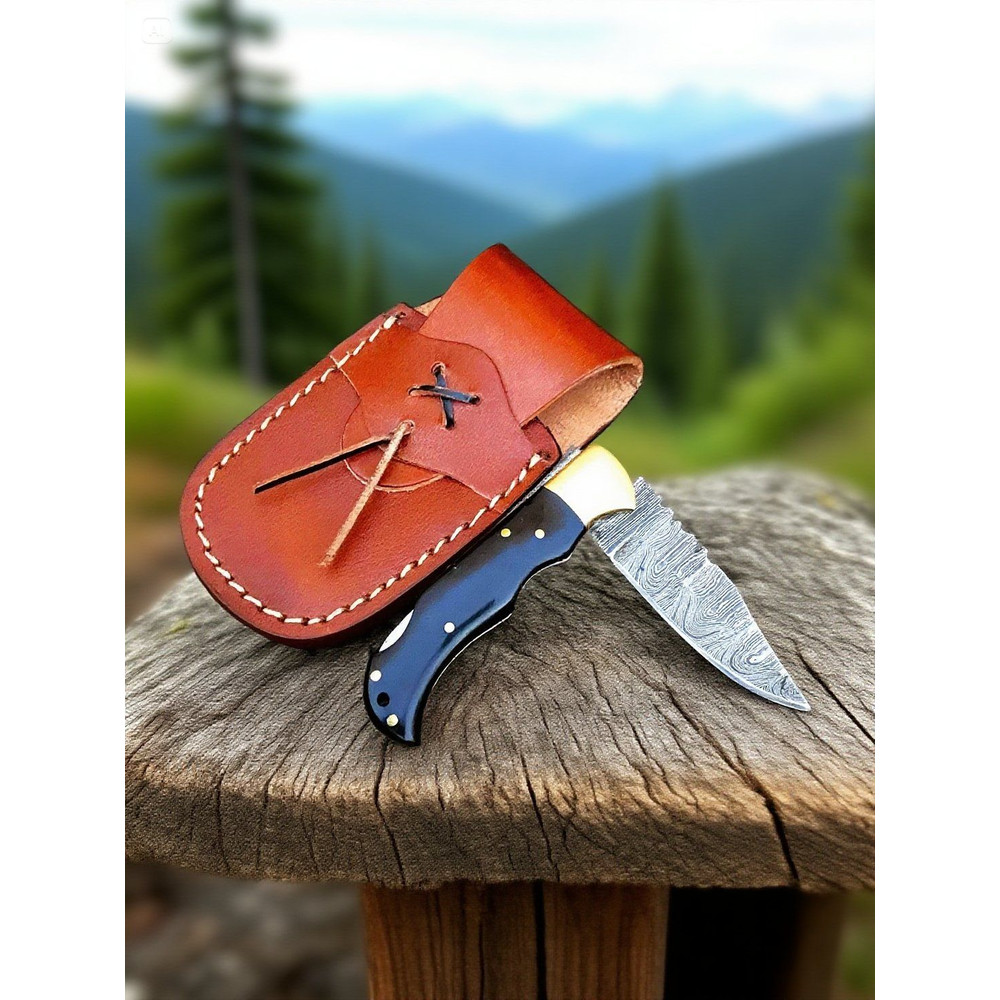Handmade Damascus Folding Pocket Knife  Twist Pattern Steel Blade With Leather Sheath  Wood Handle 3