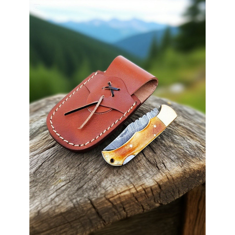 Handmade Damascus Folding Pocket Knife  Twist Pattern Steel Blade With Leather Sheath  Wood Handle 5