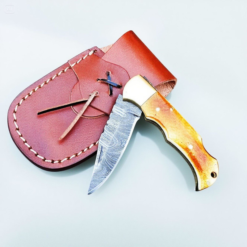 Handmade Damascus Folding Pocket Knife  Twist Pattern Steel Blade With Leather Sheath  Wood Handle 6