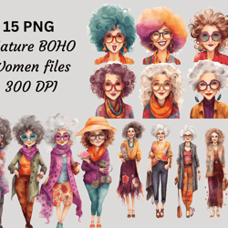 funny old lady digital clipart bundle, watercolor boho clipart png bundle mature women designer printables, junk journal