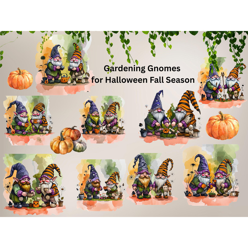 Halloween Gnome Clipart Fall Decorating Watercolor Set Of 9 PNG Images 300 DPI Transparent Backgrou 0